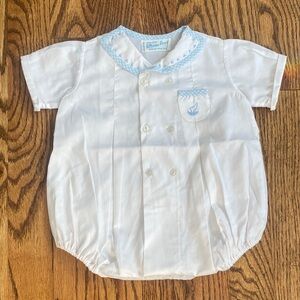 Feltman Brothers white with blue hand embroidery baby boys’ bubble.